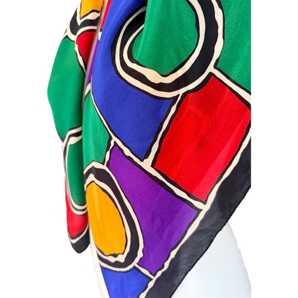 Vintage Echo Silk Chiffon Scarf Geometric Circles Primary Colors Bold 33x34 - Picture 8 of 11